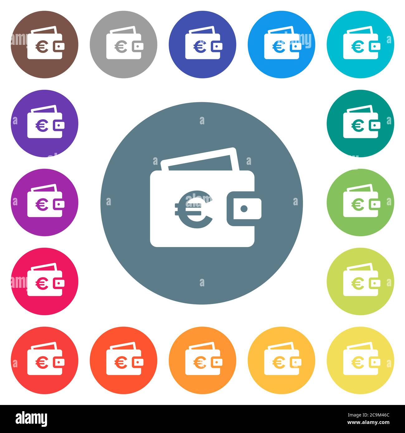 Porte-monnaie euro icônes blanches plates sur fond rond de couleur. 17 couleurs d'arrière-plan sont incluses. Illustration de Vecteur