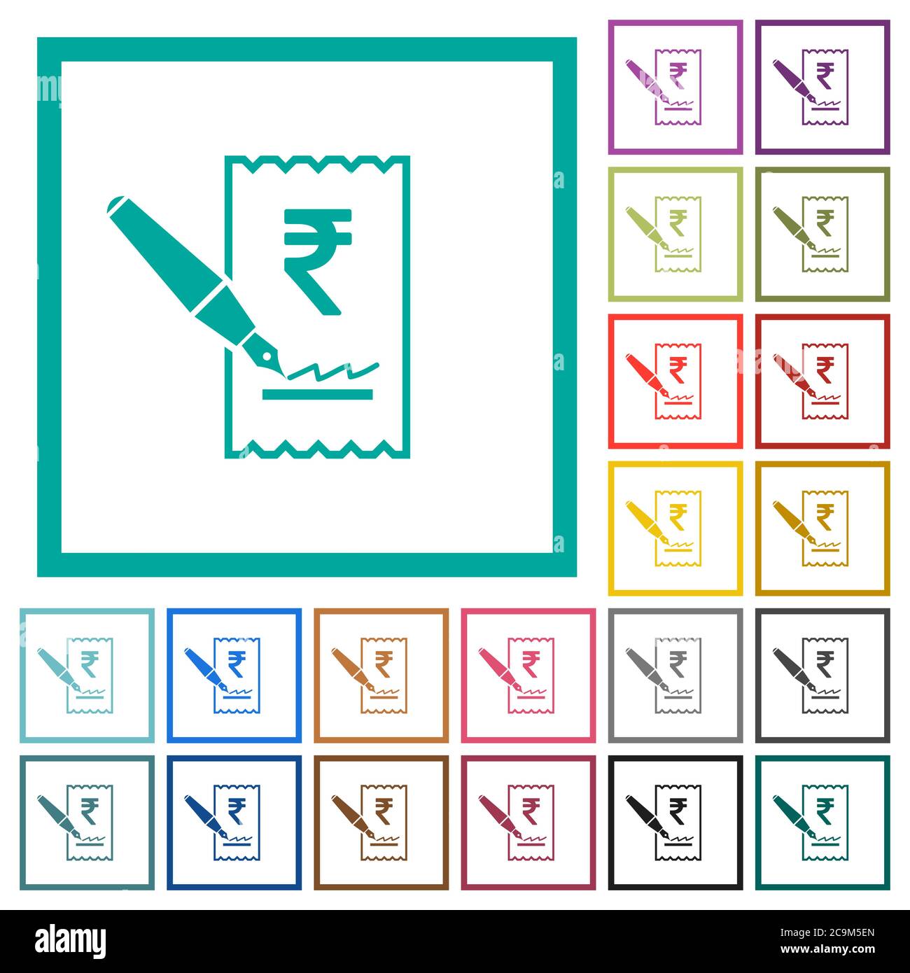 Signature Rupee vérifier les icônes de couleur plate avec des cadres de quadrant sur fond blanc Illustration de Vecteur