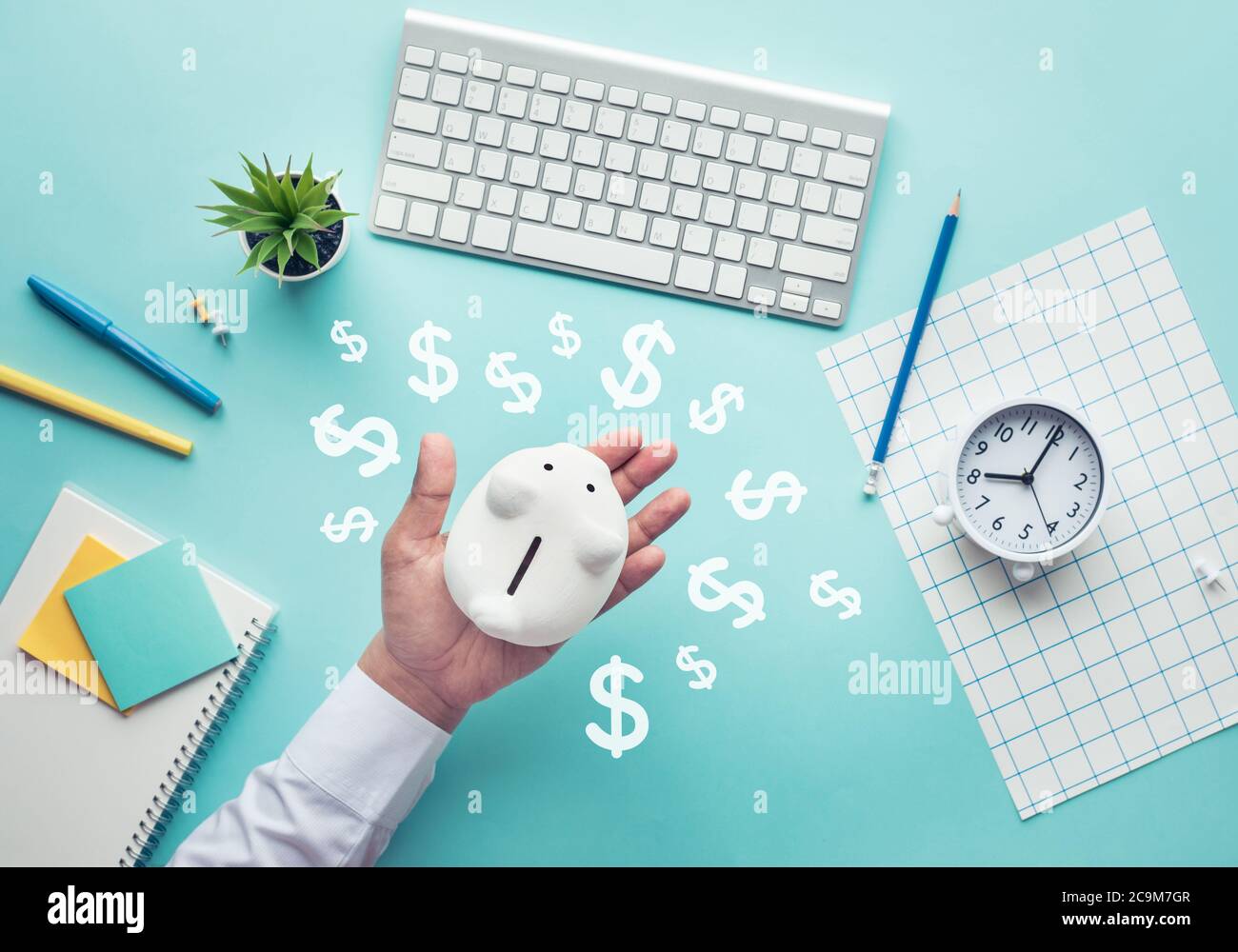 Gestion financière et économies d'argent en crise concepts.investment et temps de réussite.travailleur planant salaire.vue de dessus Banque D'Images