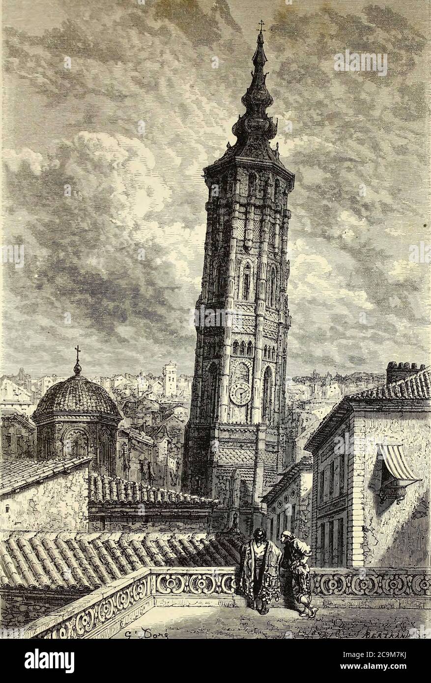 La Tour Penchée (Torre Nueva), une Saragosse [la Tour penchée (Torre Nueva - Nouvelle Tour), à Saragosse (Saragosse)] illustration de la page du livre 'pain' [l'Espagne] de Davillier, Jean Charles, barón, 1823-1883; doré, Gustave, 1832-1883; publié à Paris, France par Hacheria Libette, 1874 Banque D'Images