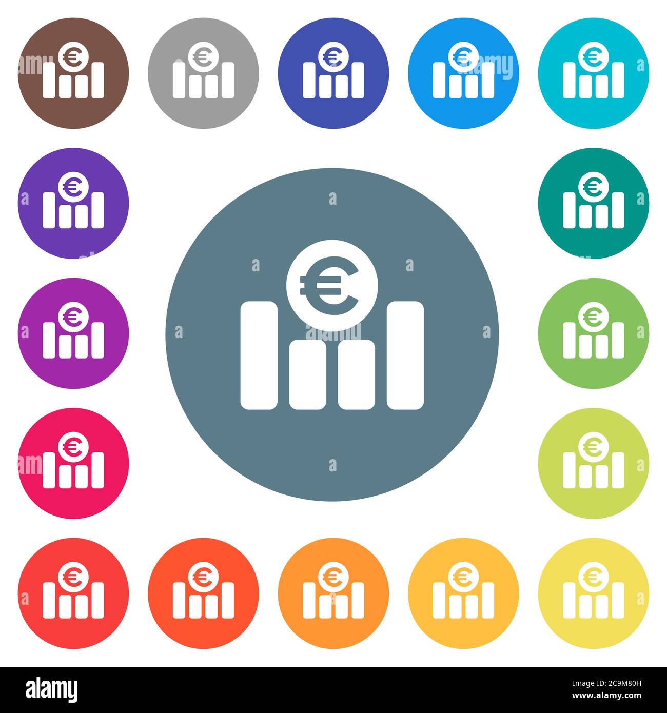 Euro Financial graph Flat White icons sur fond rond de couleur. 17 couleurs d'arrière-plan sont incluses. Illustration de Vecteur