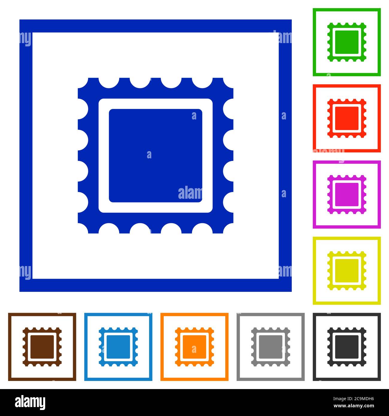 Estampiller les icônes de couleur plate dans des cadres carrés sur fond blanc Illustration de Vecteur