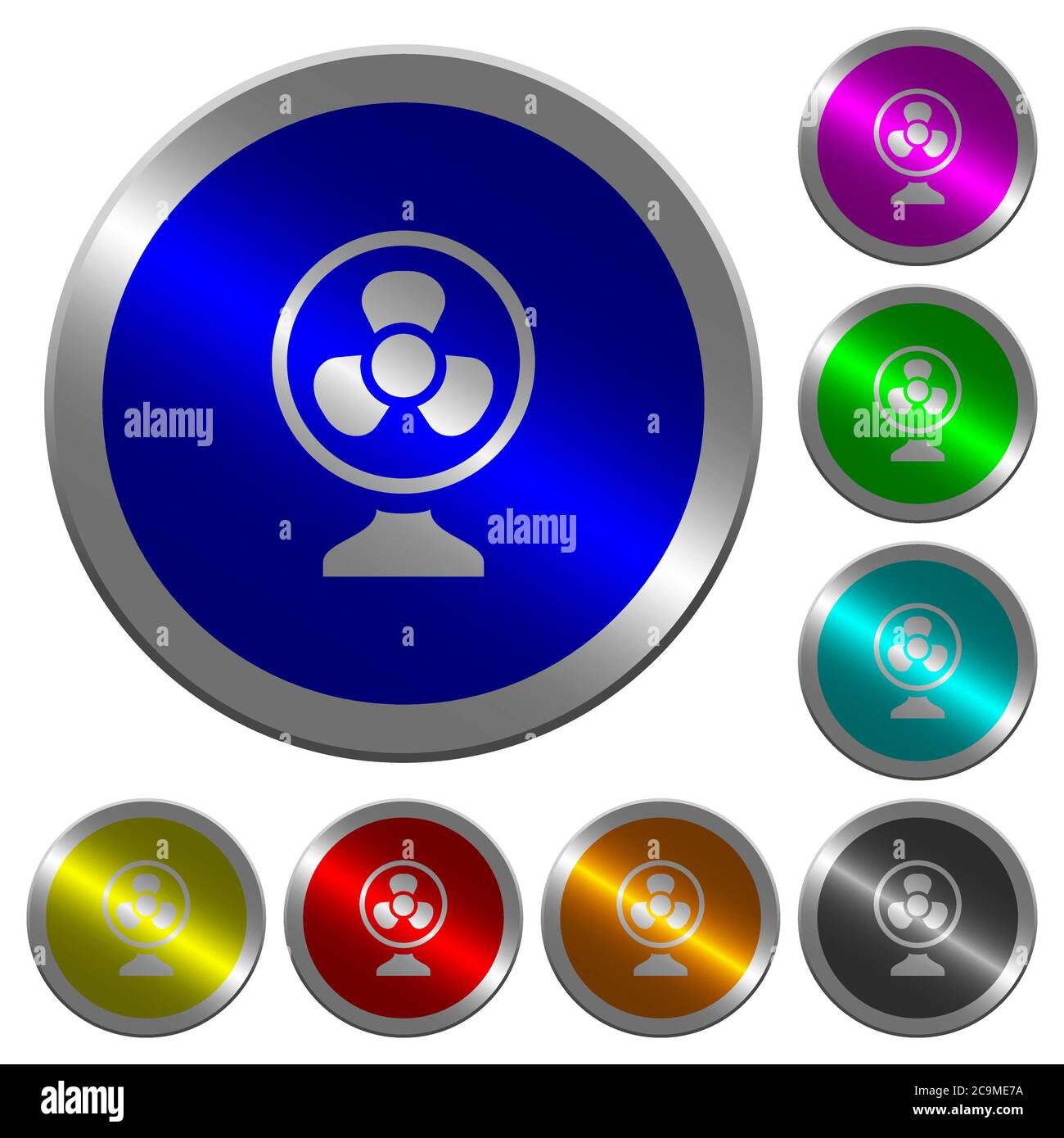 Icônes de ventilateur de table sur des boutons ronds lumineux en acier de couleur semblable à une pièce Illustration de Vecteur