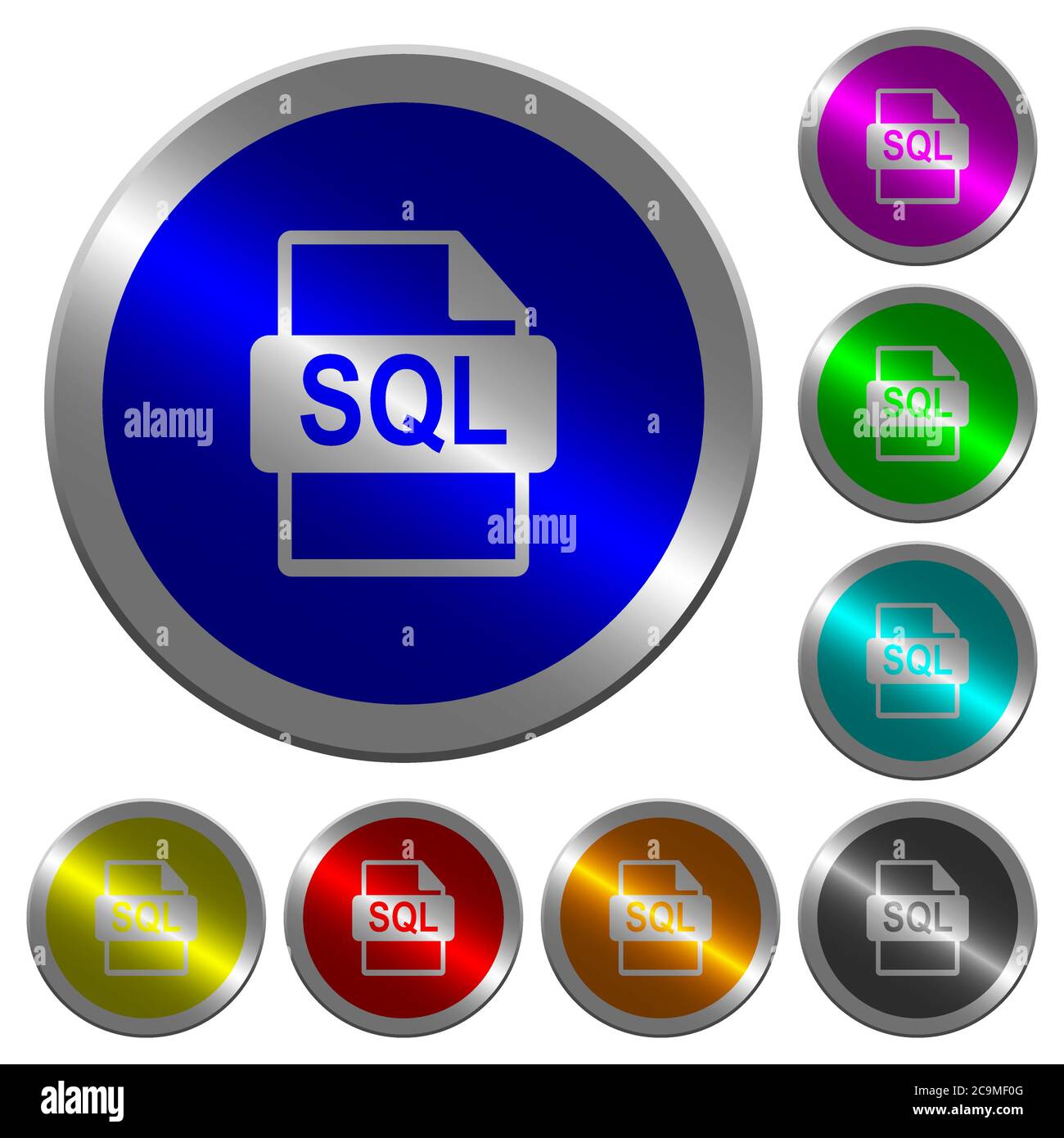 Icônes de format de fichier SQL sur des boutons ronds lumineux en acier de couleur Illustration de Vecteur