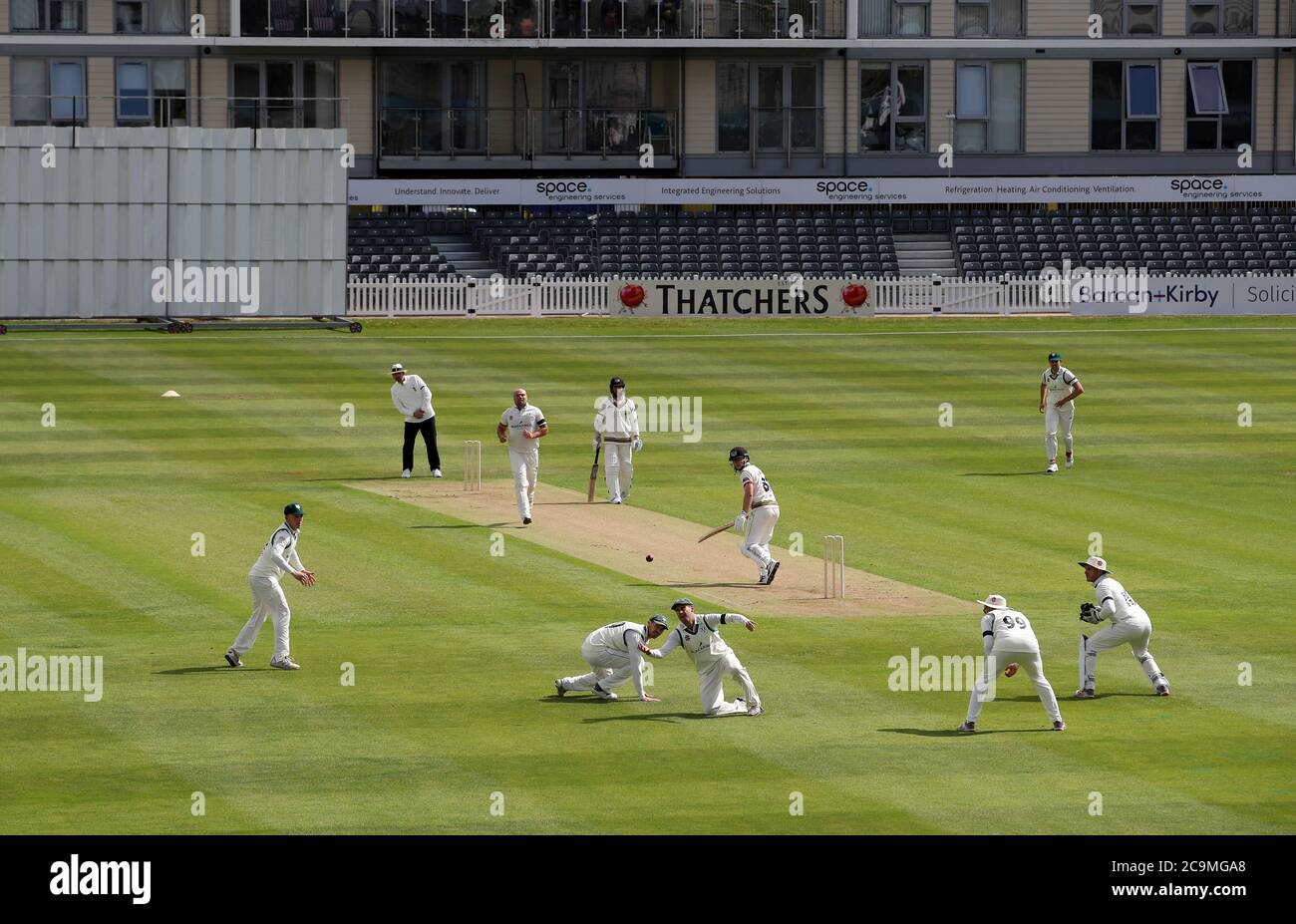 Les fans de Daryl Mitchell, dans le Worcestershire, attrapent Hammond Miles de Gloucestershire lors de la première journée du match de Trophée Bob Willis au stade du comté de Bristol. Banque D'Images