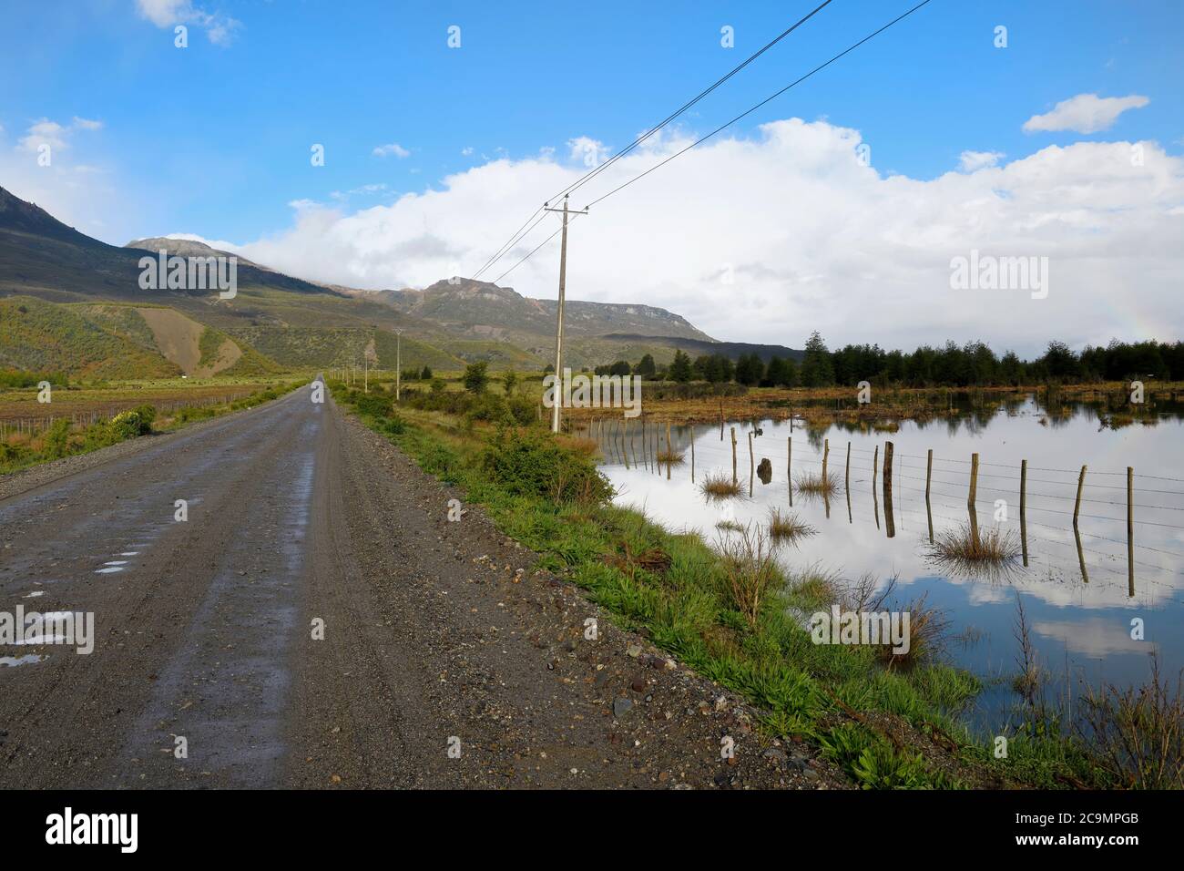 Prairie inondée, route panaméricaine, région d'Aysen, Patagonie, Chili Banque D'Images