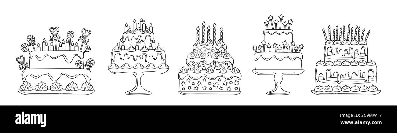 Ensemble linéaire de gâteaux d'anniversaire. Desserts délicieux à la ligne de dessin animé. Éléments de décoration de tarte de fête, bougies et tranches de chocolat, crème. Friandises pour fêtes. Illustration vectorielle isolée sur fond blanc Illustration de Vecteur