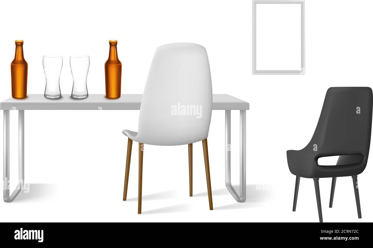 verres à bière et bouteille sur une table avec chaises à côté Illustration de Vecteur