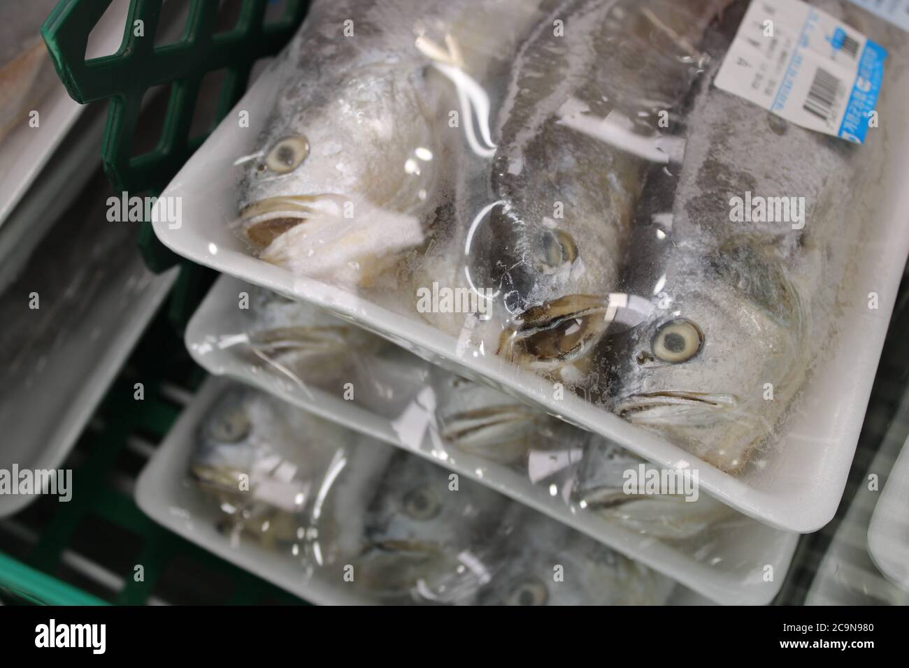 Poisson congelé aux expressions du visage conservées, dans un emballage en plastique, dans un supermarché asiatique Banque D'Images