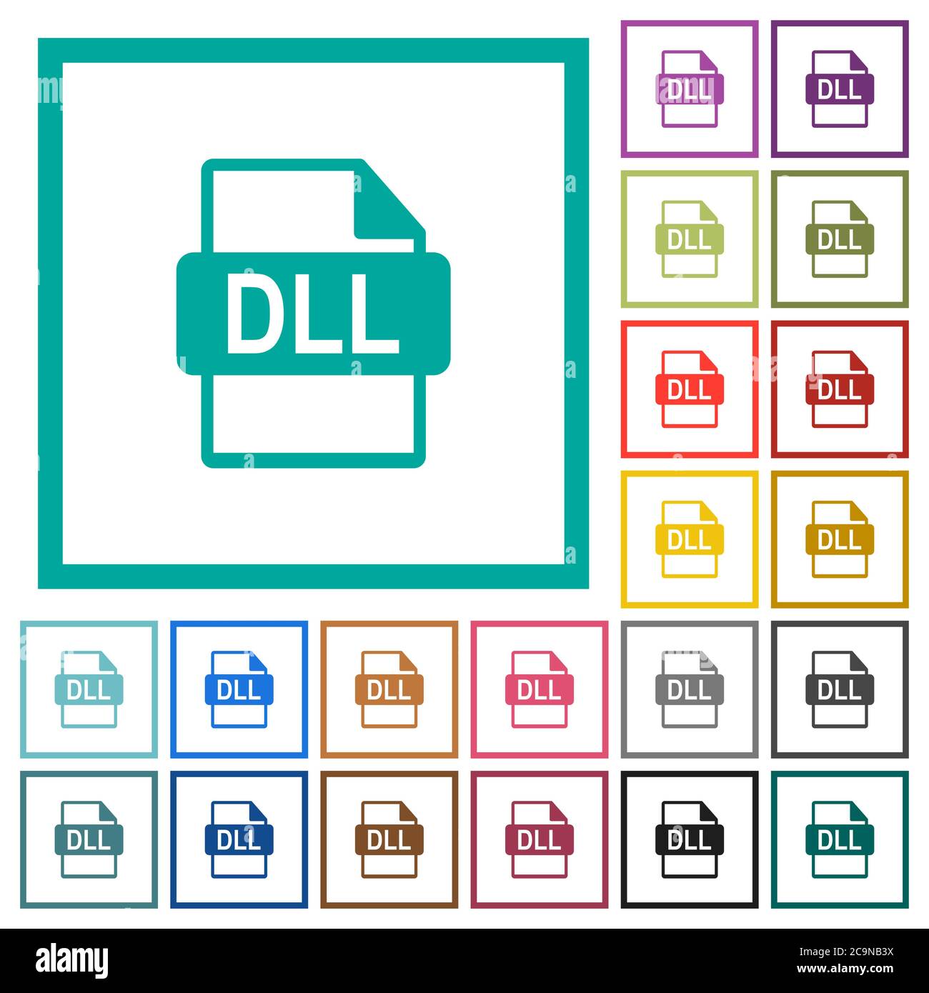 Format de fichier DLL icônes de couleur plate avec cadres quadrants sur fond blanc Illustration de Vecteur