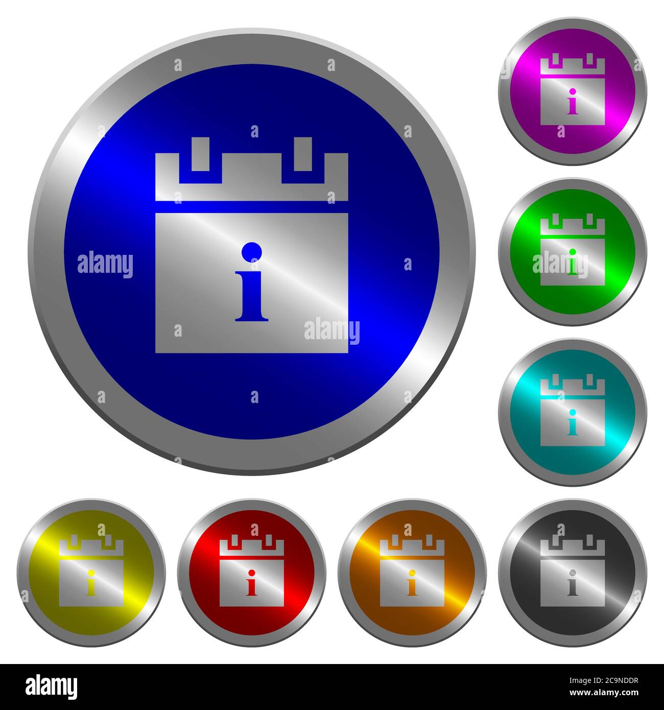 Icônes d'information de programme sur les boutons ronds lumineux en acier de couleur semblable à une pièce Illustration de Vecteur