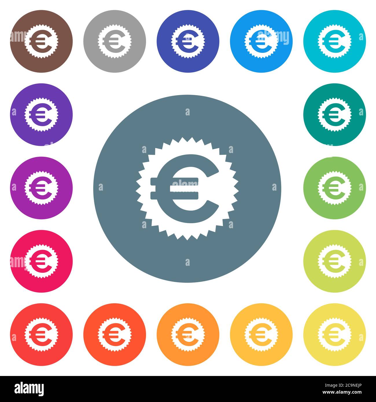 Icône blanche plate d'autocollant euro sur fond rond de couleur. 17 couleurs d'arrière-plan sont incluses. Illustration de Vecteur