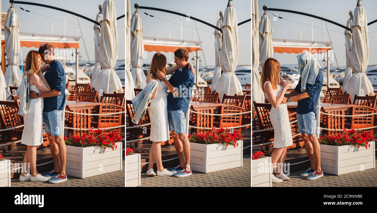 Collage. Mignon jeune beau couple est embrassant et plaisante près du petit café d'été au port, heureux sourire portrait d'extérieur Banque D'Images