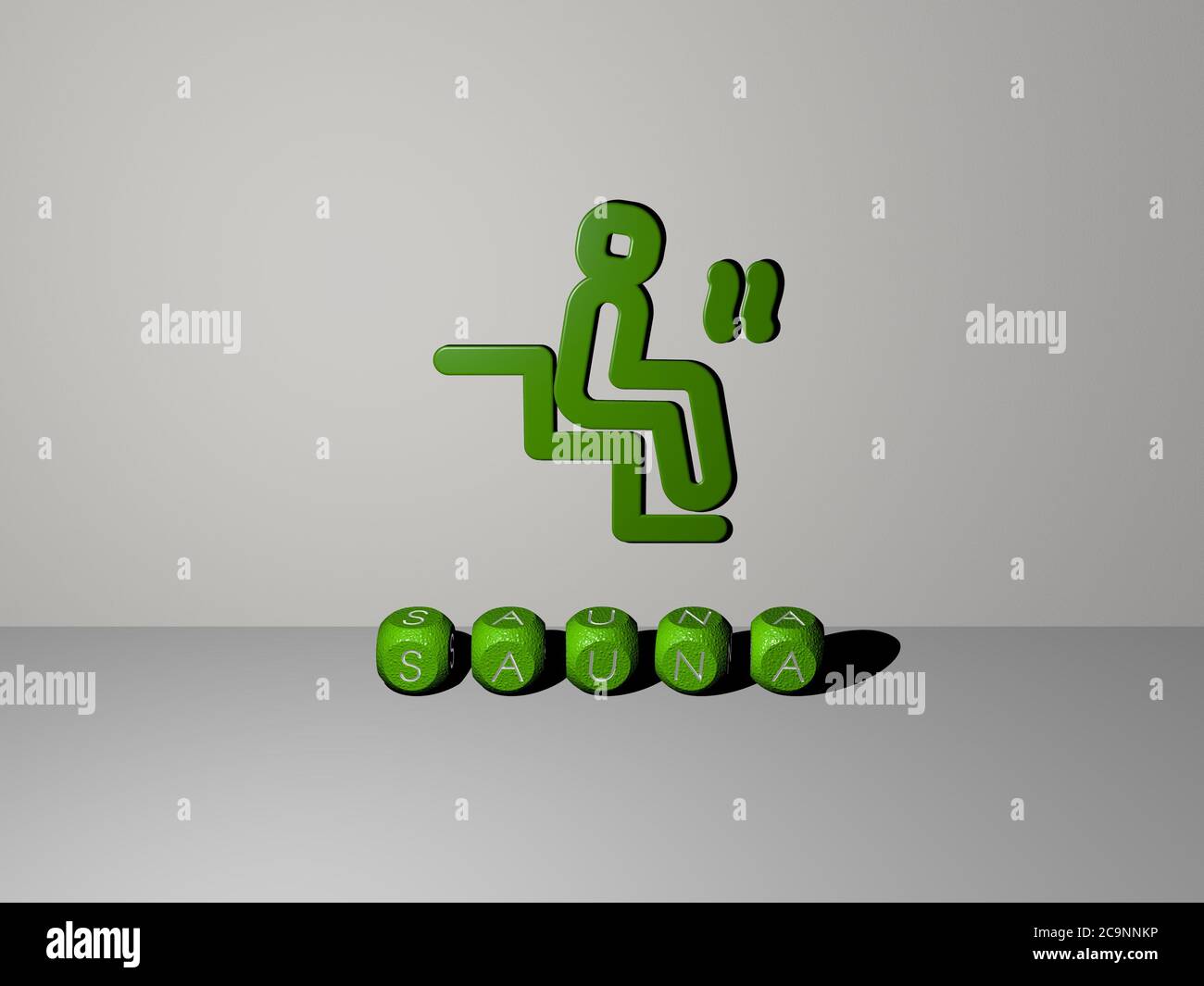 Représentation 3D du sauna avec icône sur le mur et texte disposé par des lettres métalliques cubes sur un sol miroir pour la signification du concept et la présentation du diaporama. bain et illustration Banque D'Images