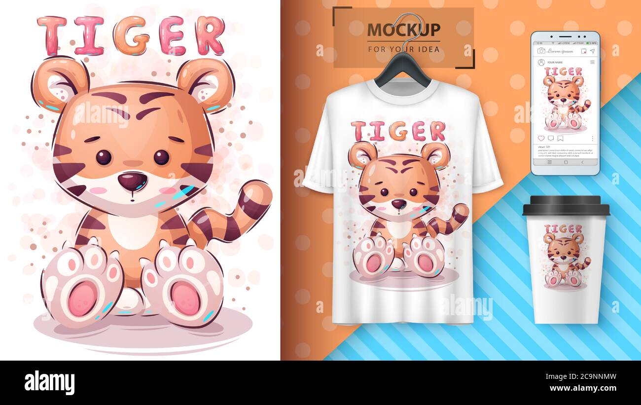 Affiche et merchandising tigre mignon. Illustration de Vecteur