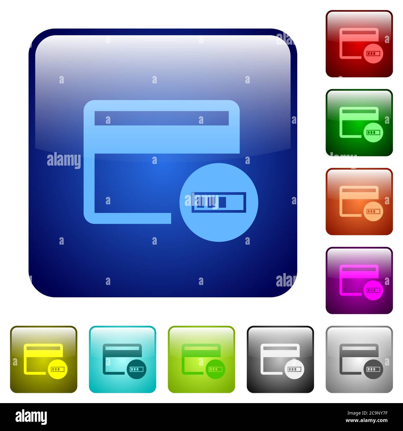 Vérification des icônes de carte de crédit dans un jeu de boutons brillants de couleur carrée arrondie Illustration de Vecteur