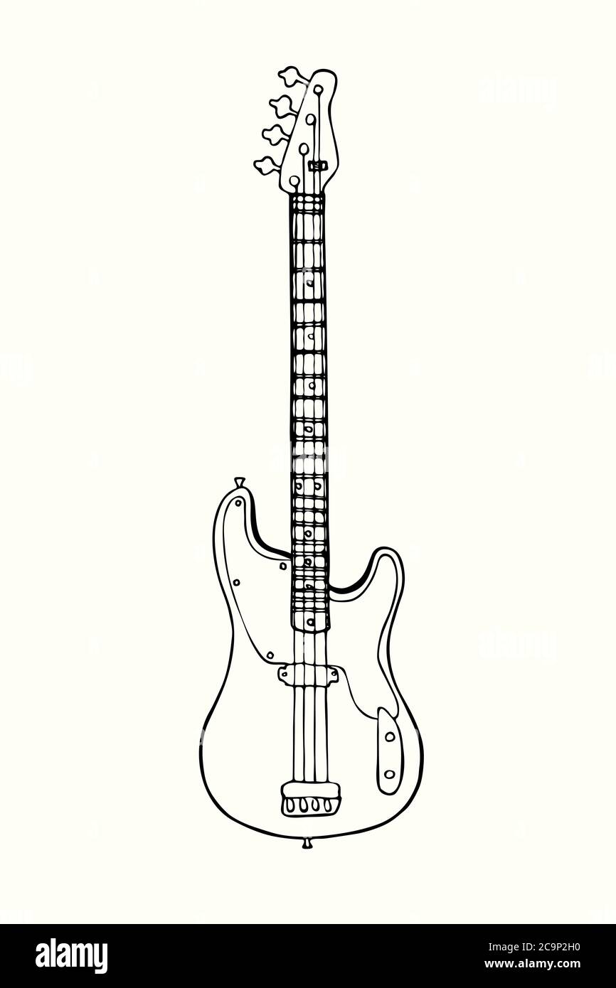 Guitare basse, dessin à la main Doodle Grasure style vintage, esquisse,  illustration de contour Photo Stock - Alamy