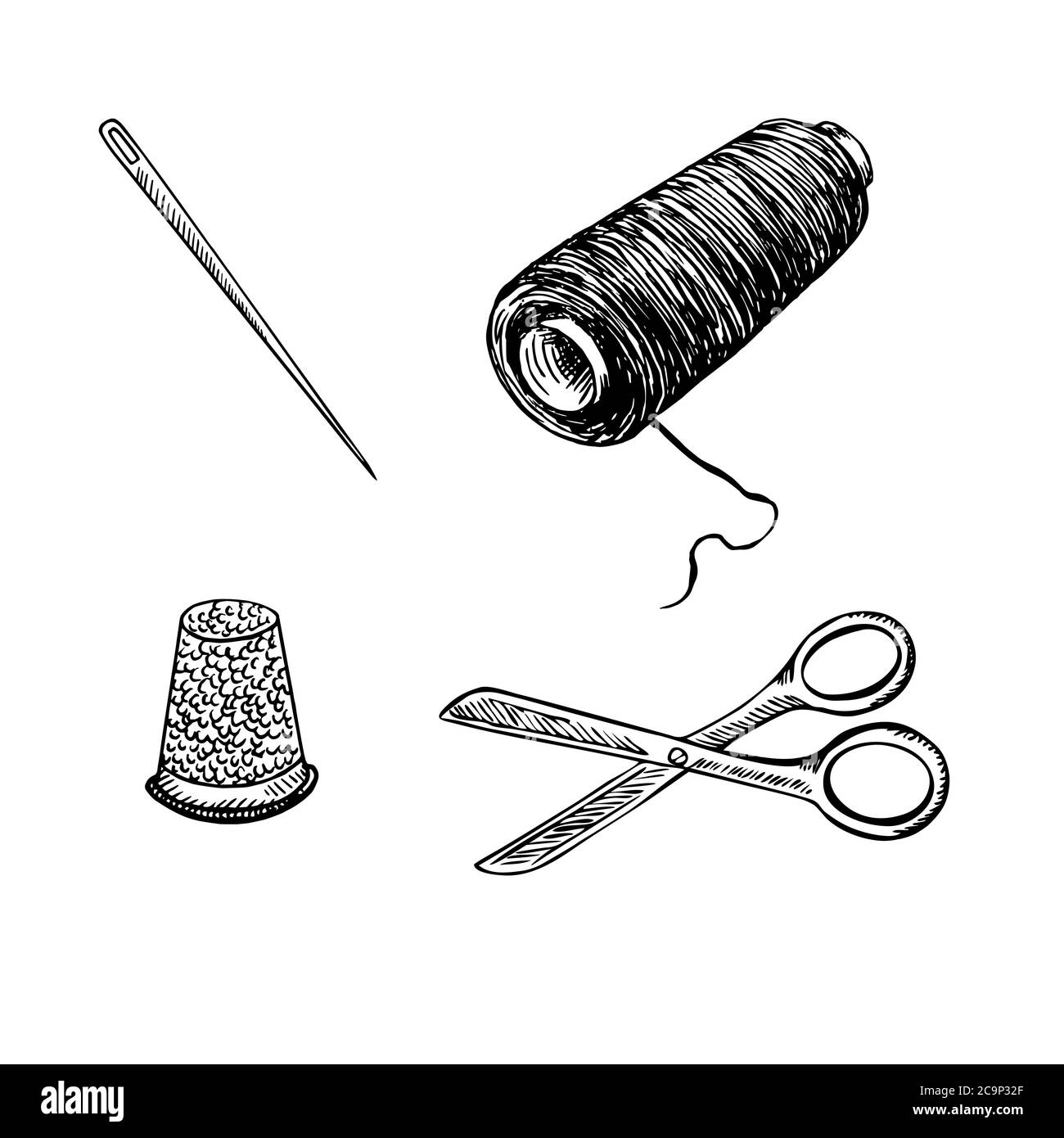 Aiguille, fil, tambour et ciseaux, collection de couture rétro, gravure de caniche à la main style vintage, esquisse, illustration de contour Banque D'Images
