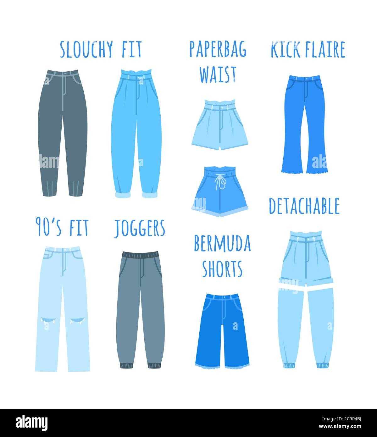 Collection de jeans tendance nouvelle saison pour femmes types. Pantalons  et shorts modernes pour femmes différents modèles. Illustration vectorielle  plate. Coupe ample, pape Image Vectorielle Stock - Alamy