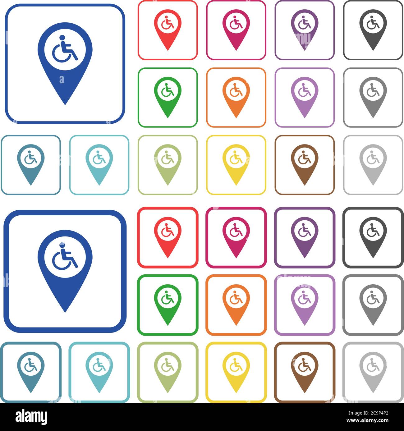 Accessibilité pour les personnes handicapées carte GPS emplacement couleur icônes plates dans les cadres carrés arrondis. Versions minces et épaisses incluses. Illustration de Vecteur