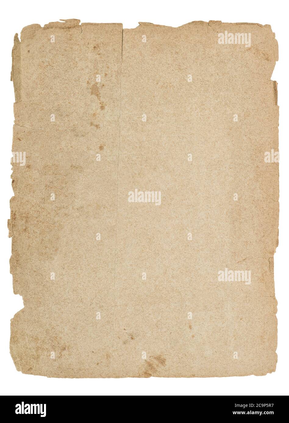 Feuille de papier usée avec bords déchirés. Ancienne page de livre isolée sur fond blanc Banque D'Images