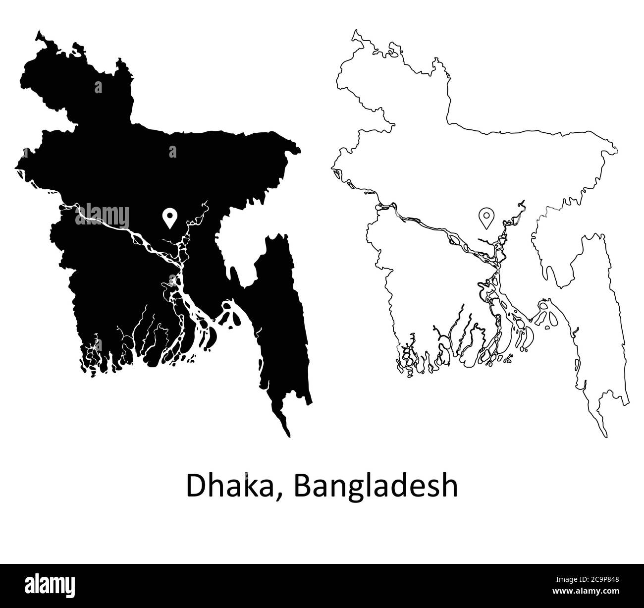Dhaka Bangladesh. Carte détaillée du pays avec code PIN Capital City Location. Cartes silhouettes et vectorielles noires isolées sur fond blanc. Vecteur EPS Illustration de Vecteur