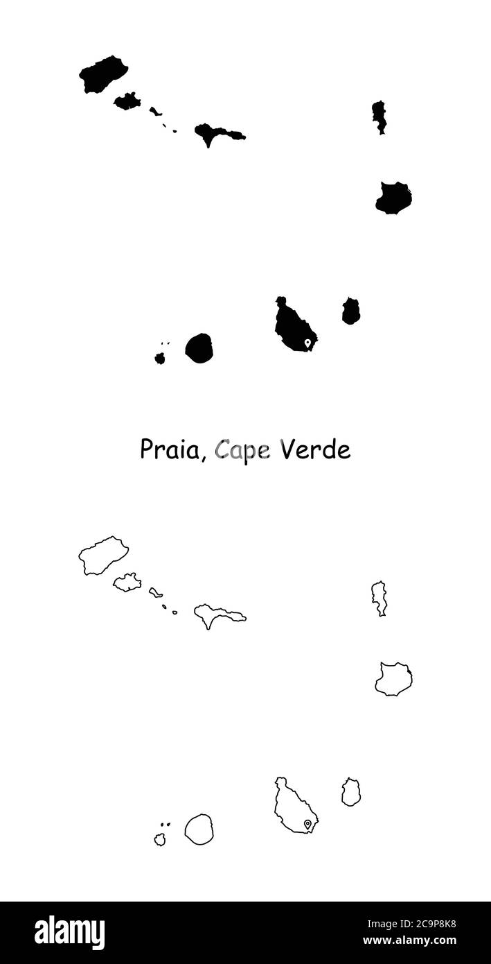 Praia Cap-Vert. Carte détaillée du pays avec broche d'emplacement sur Capital City. Cartes silhouettes et vectorielles noires isolées sur fond blanc. Vecteur EPS Illustration de Vecteur