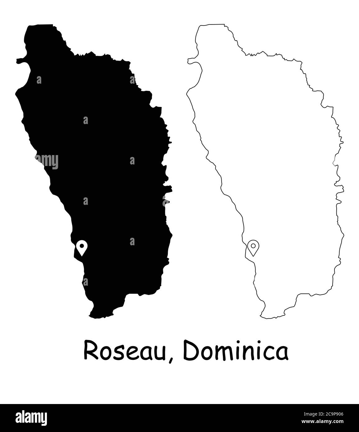 Roseau Dominique. Carte détaillée du pays avec broche d'emplacement sur Capital City. Cartes silhouettes et vectorielles noires isolées sur fond blanc. Vecteur EPS Illustration de Vecteur