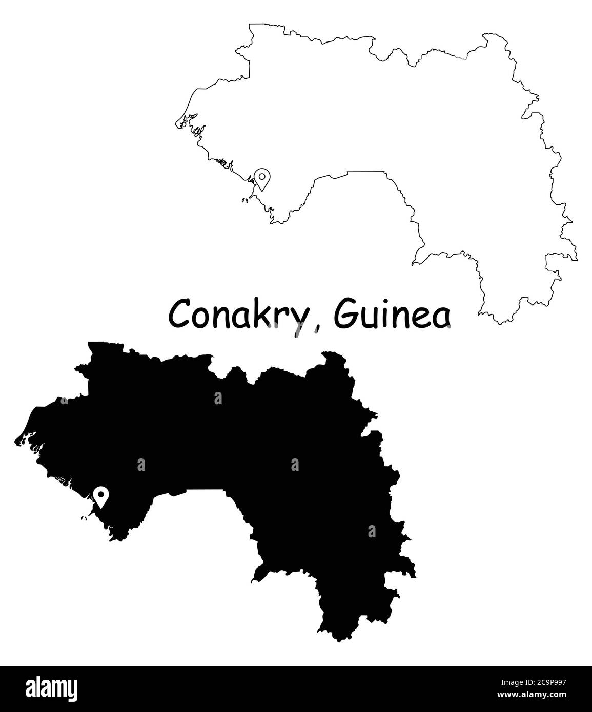 Conakry Guinée. Carte détaillée du pays avec broche d'emplacement sur