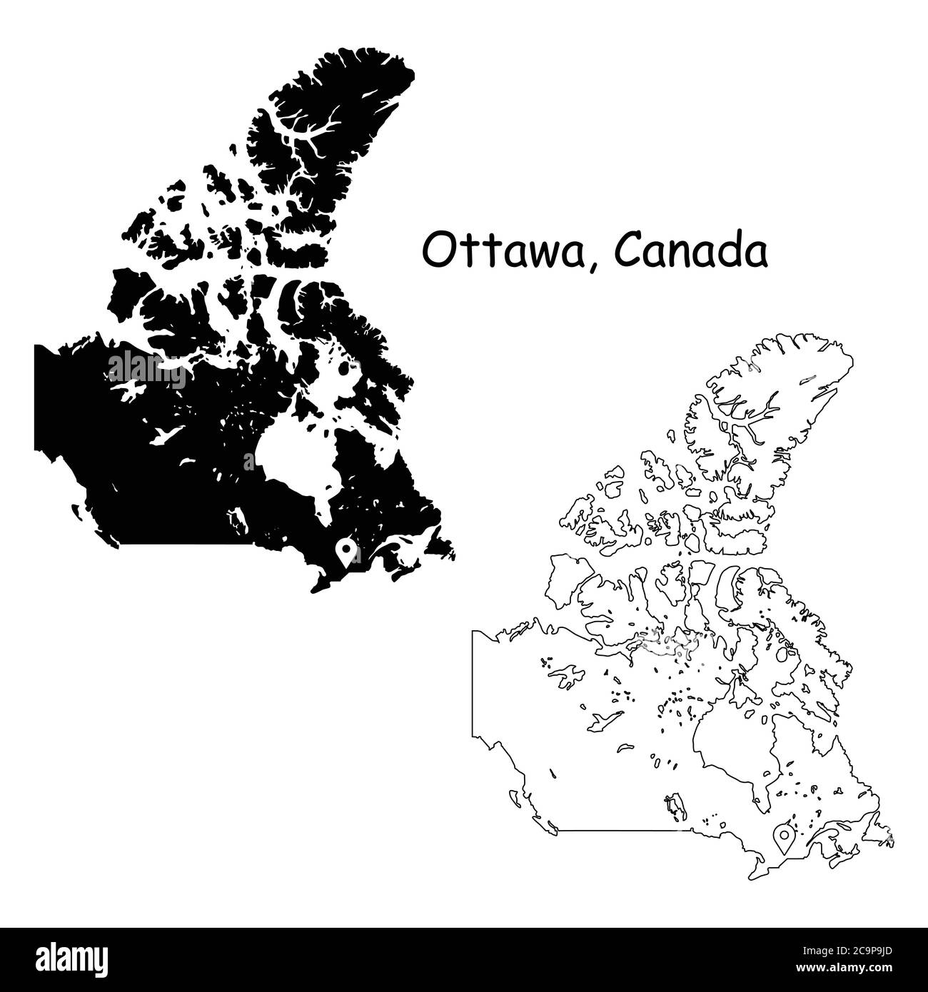 Ottawa Canada. Carte détaillée du pays avec broche d'emplacement sur Capital City. Cartes silhouettes et vectorielles noires isolées sur fond blanc. Vecteur EPS Illustration de Vecteur