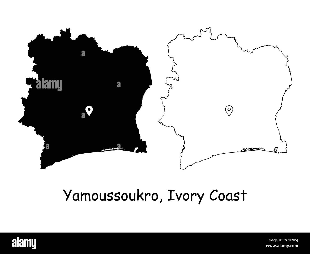 Yamoussoukro Côte d'Ivoire. Carte détaillée du pays avec broche d'emplacement sur Capital City. Cartes silhouettes et vectorielles noires isolées sur fond blanc. EPS Illustration de Vecteur