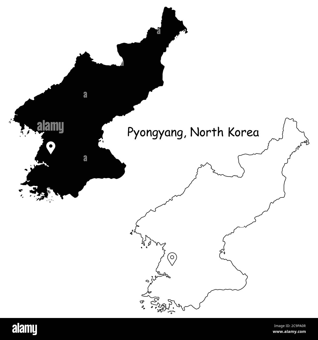Pyongyang Corée du Nord. Carte détaillée du pays avec broche d'emplacement sur Capital City. Cartes silhouettes et vectorielles noires isolées sur fond blanc. VEC. EPS Illustration de Vecteur