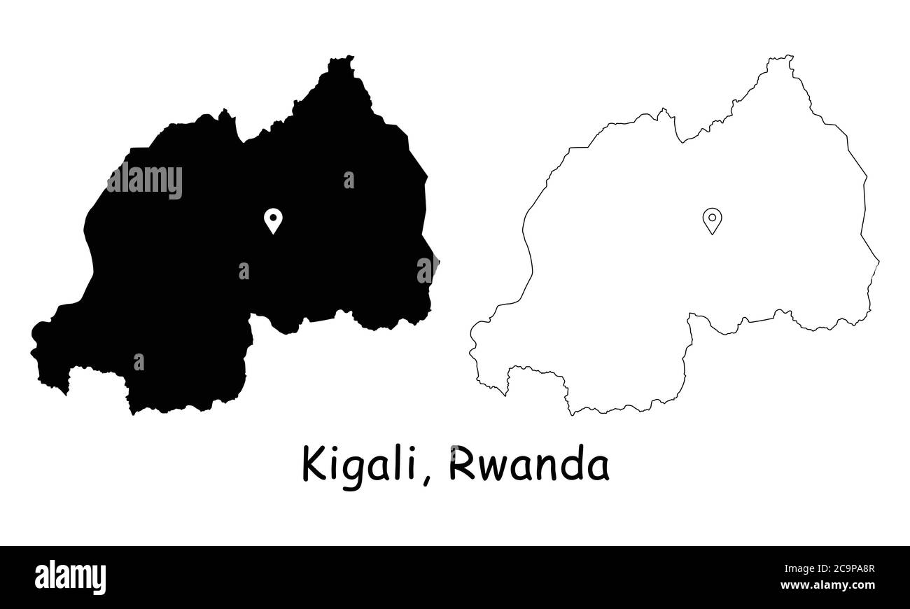 Kigali, Rwanda. Carte détaillée du pays avec broche d'emplacement sur Capital City. Cartes silhouettes et vectorielles noires isolées sur fond blanc. Vecteur EPS Illustration de Vecteur