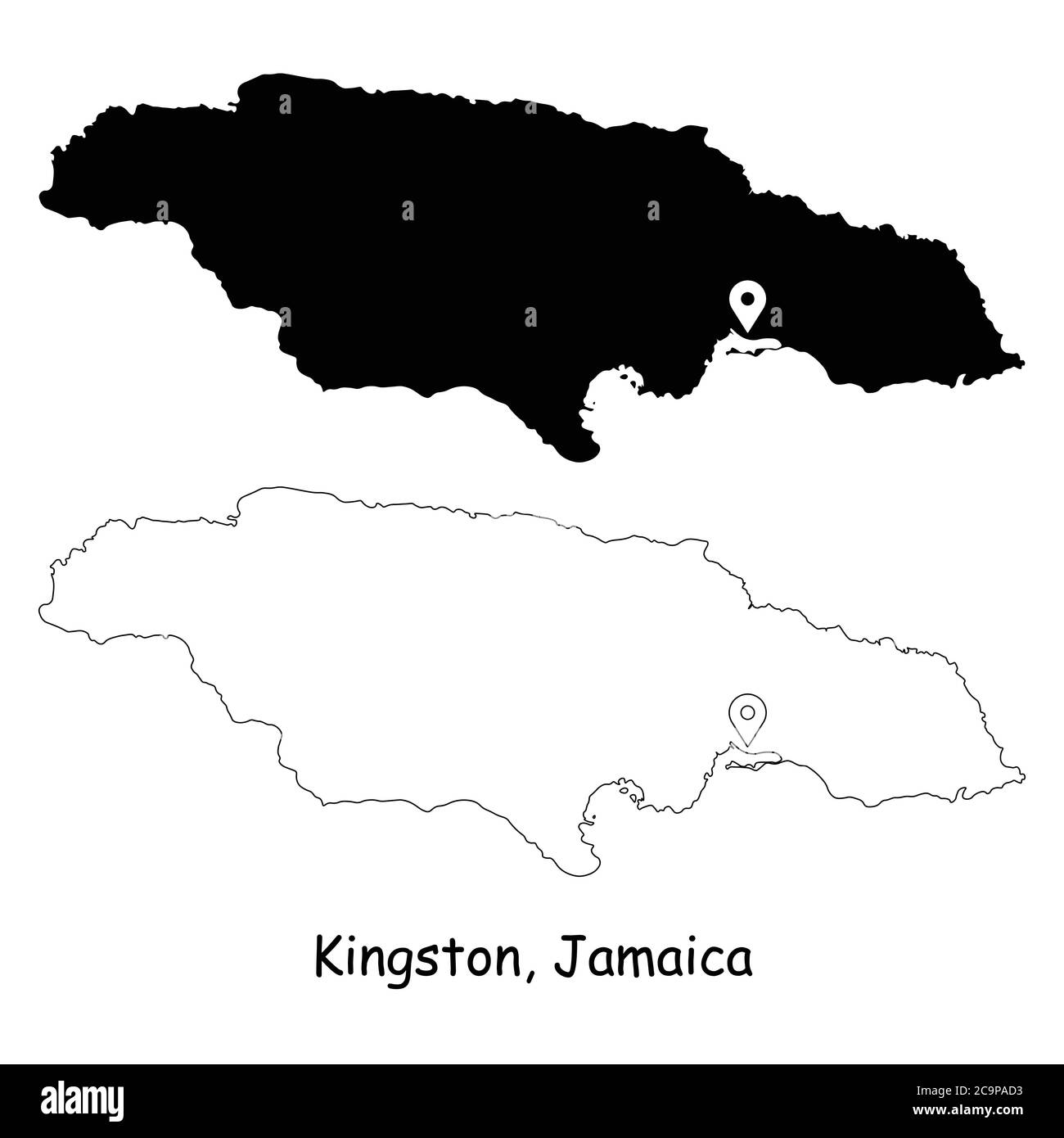 Kingston Jamaïque. Carte détaillée du pays avec broche d'emplacement sur Capital City. Cartes silhouettes et vectorielles noires isolées sur fond blanc. Vecteur EPS Illustration de Vecteur