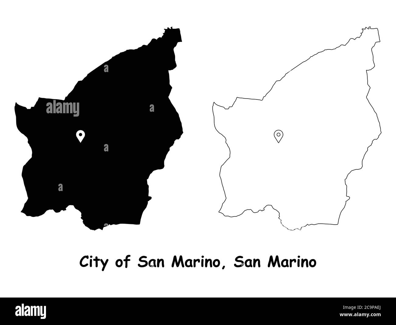 Ville de Saint-Marin, Saint-Marin. Carte détaillée du pays avec broche d'emplacement sur Capital City. Cartes silhouettes et vectorielles noires isolées sur fond blanc Illustration de Vecteur