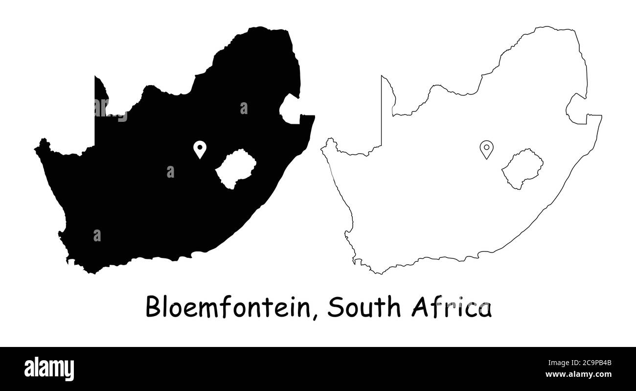 Bloemfontein, Afrique du Sud. Carte détaillée du pays avec broche d'emplacement sur Capital City. Cartes silhouettes et vectorielles noires isolées sur fond blanc. EP Illustration de Vecteur
