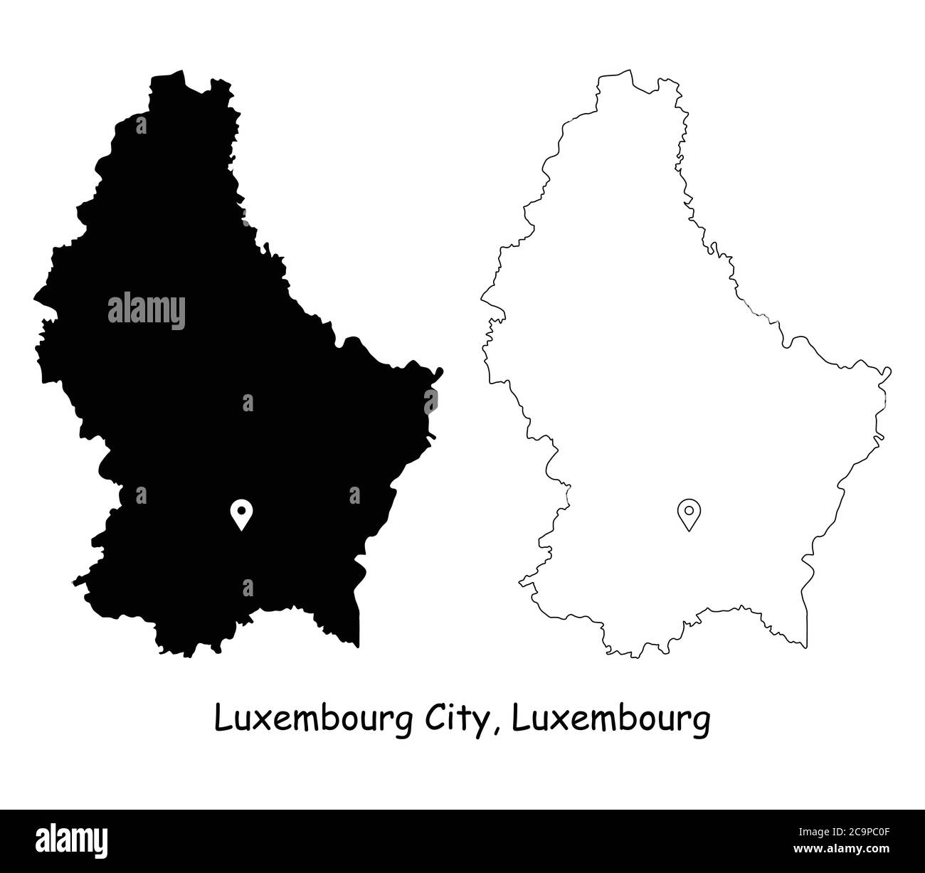 Luxembourg ville, Luxembourg. Carte détaillée du pays avec broche d'emplacement sur Capital City. Cartes silhouettes et vectorielles noires isolées sur fond blanc. E Illustration de Vecteur