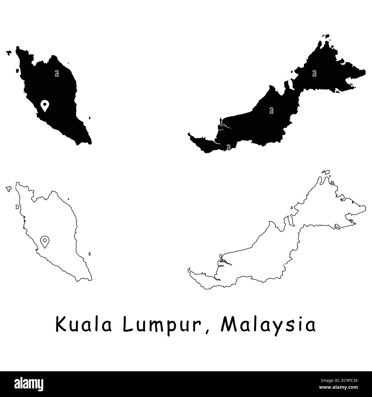 Kuala Lumpur, Malaisie. Carte détaillée du pays avec broche d'emplacement sur Capital City. Cartes silhouettes et vectorielles noires isolées sur fond blanc. VE. EPS Illustration de Vecteur