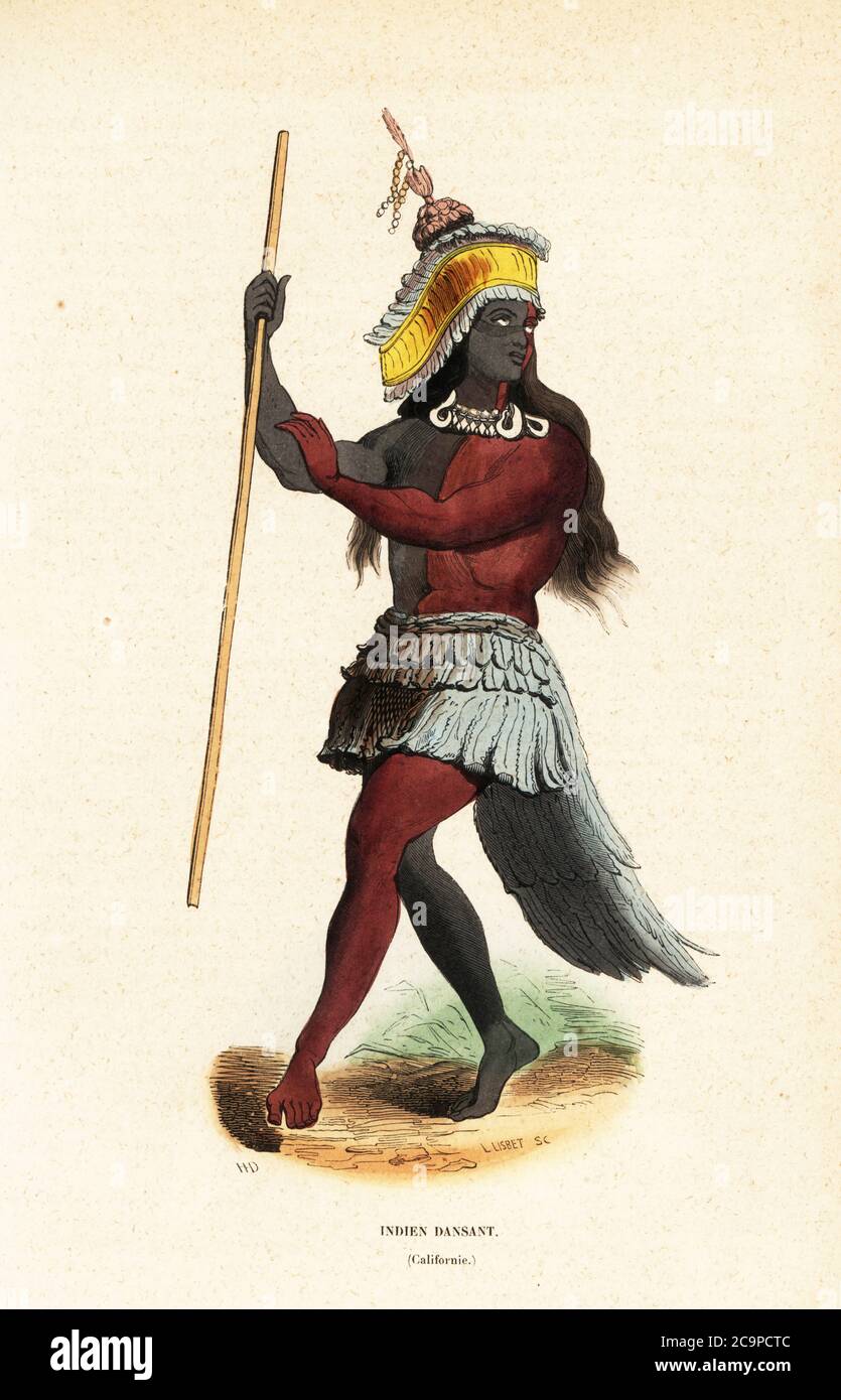 Homme du peuple Ohlone ou Costanoan dansant à Mission San Francisco. Son  corps est peint en bleu et rouge, et il porte une coiffe or et bleu, un  collier de cow-rie et
