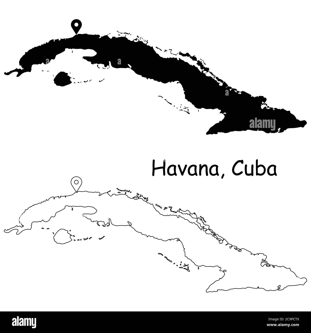 La Havane Cuba. Carte détaillée du pays avec broche d'emplacement sur Capital City. Cartes silhouettes et vectorielles noires isolées sur fond blanc. Vecteur EPS Illustration de Vecteur