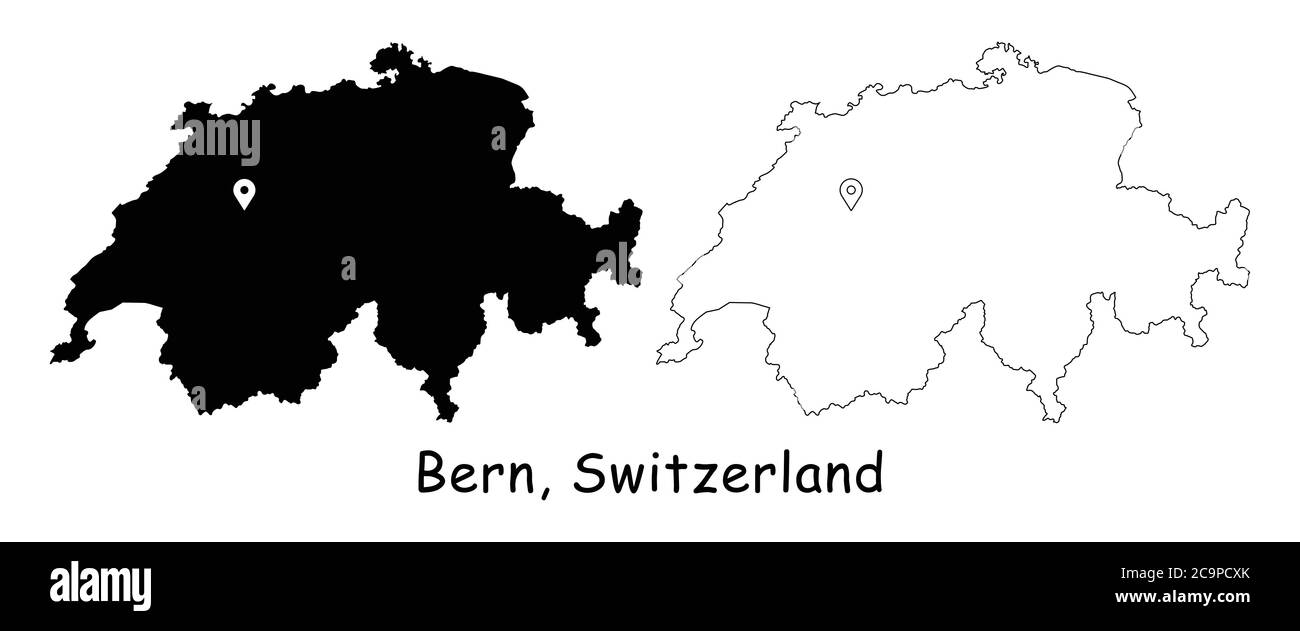 Berne, Suisse. Carte détaillée du pays avec broche d'emplacement sur Capital City. Cartes silhouettes et vectorielles noires isolées sur fond blanc. Vecteur EPS Illustration de Vecteur