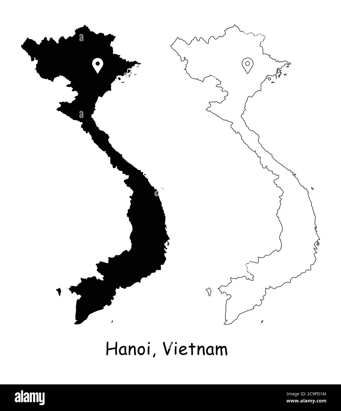 Hanoï, Vietnam. Carte détaillée du pays avec broche d'emplacement sur Capital City. Cartes silhouettes et vectorielles noires isolées sur fond blanc. Vecteur EPS Illustration de Vecteur