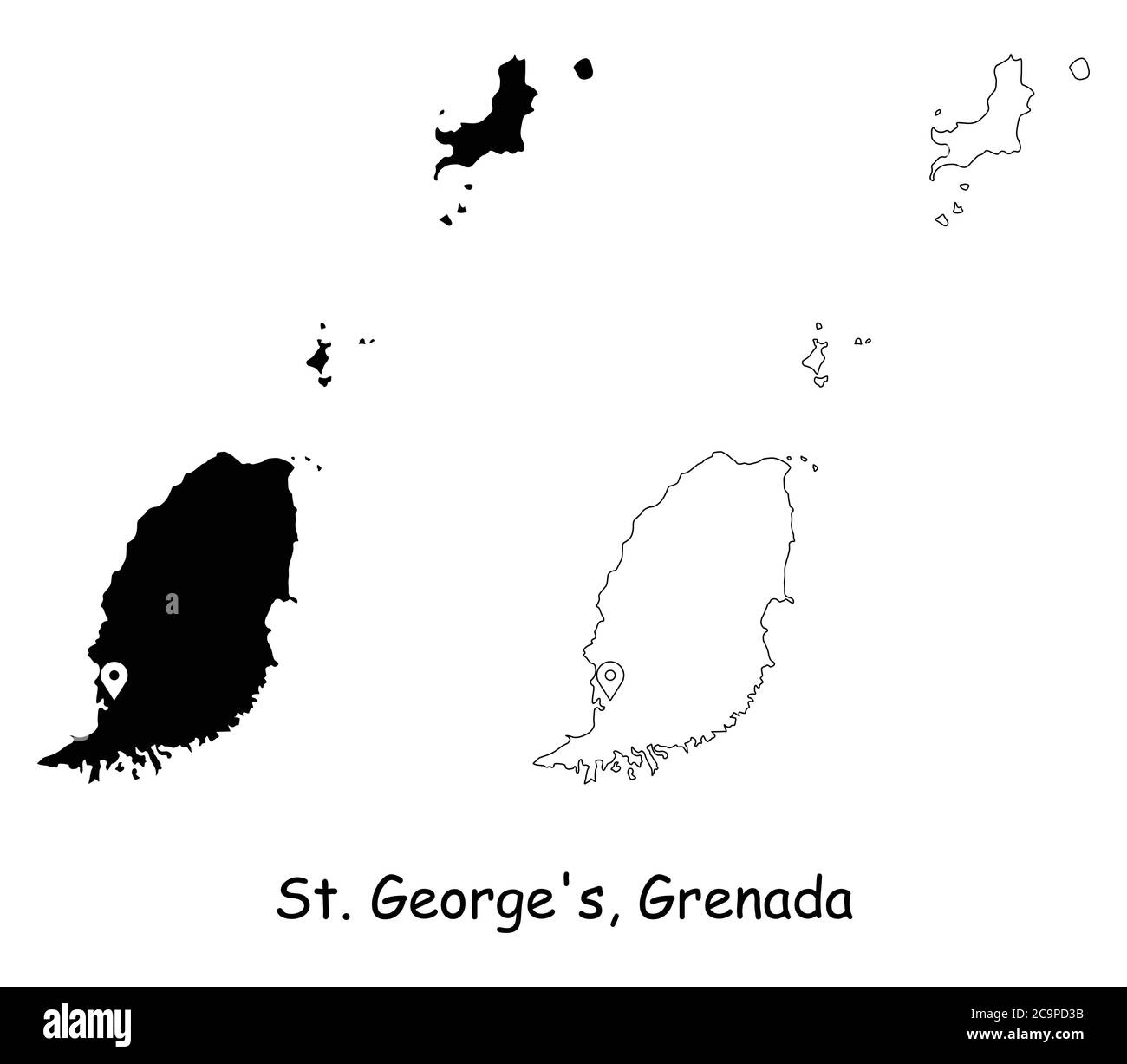 Grenade de St George. Carte détaillée du pays avec broche d'emplacement sur Capital City. Cartes silhouettes et vectorielles noires isolées sur fond blanc. Vecteur EPS Illustration de Vecteur