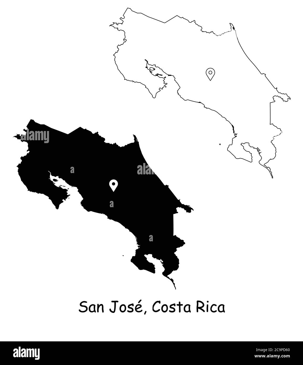 San José Costa Rica. Carte détaillée du pays avec broche d'emplacement