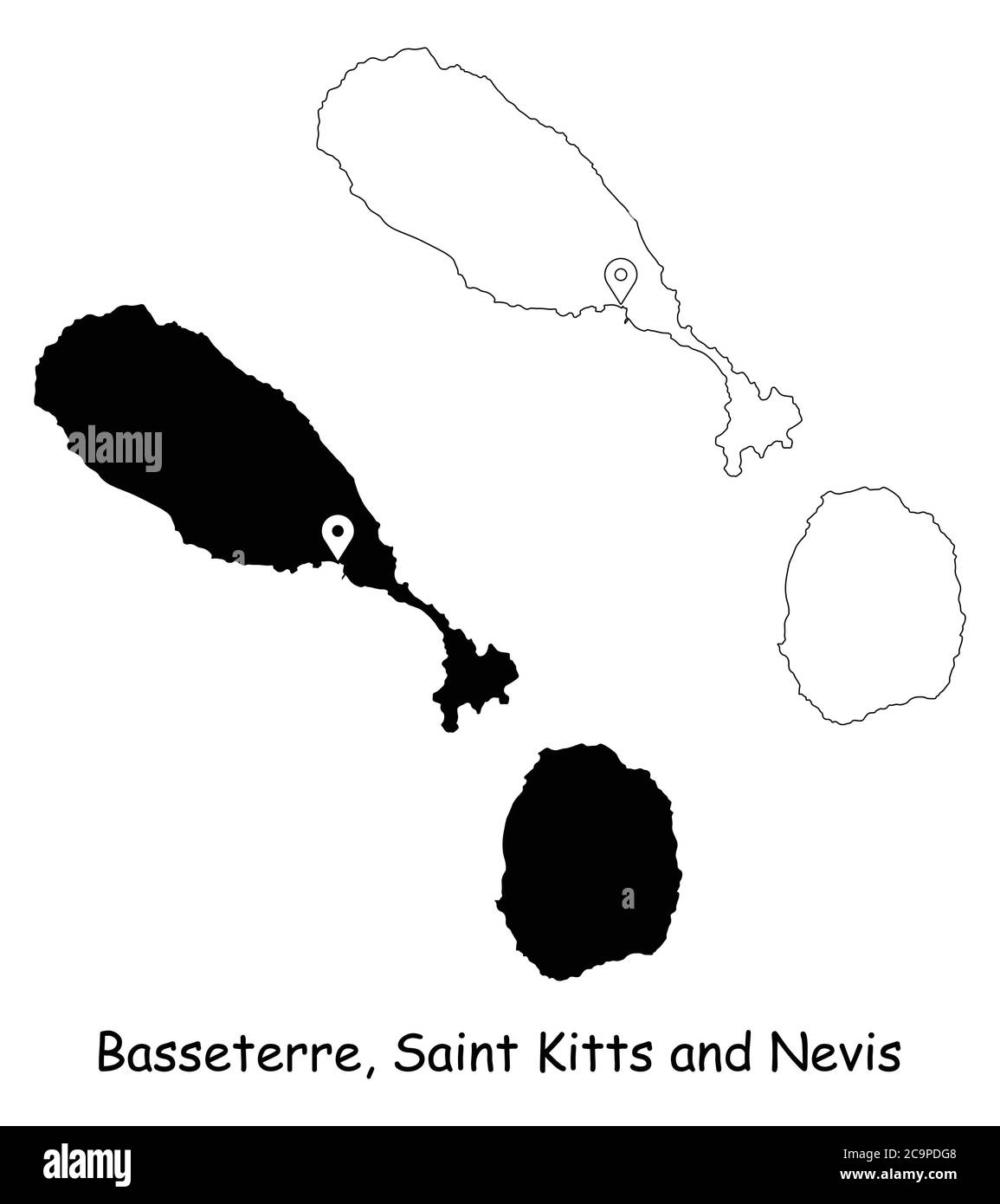 Basseterre, Saint-Kitts-et-Nevis. Carte détaillée du pays avec broche d'emplacement sur Capital City. Cartes silhouettes et vectorielles noires isolées sur fond blanc. Illustration de Vecteur