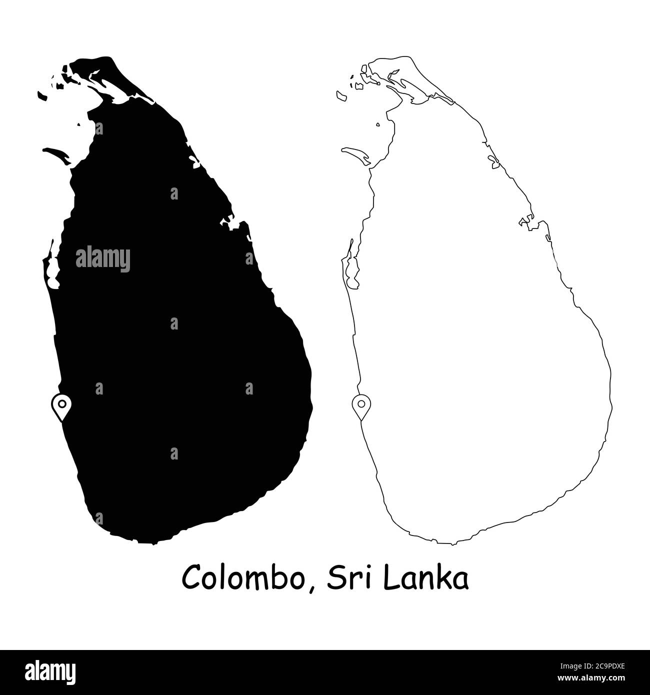 Colombo, Sri Lanka. Carte détaillée du pays avec broche d'emplacement sur Capital City. Cartes silhouettes et vectorielles noires isolées sur fond blanc. Vecteur EPS Illustration de Vecteur