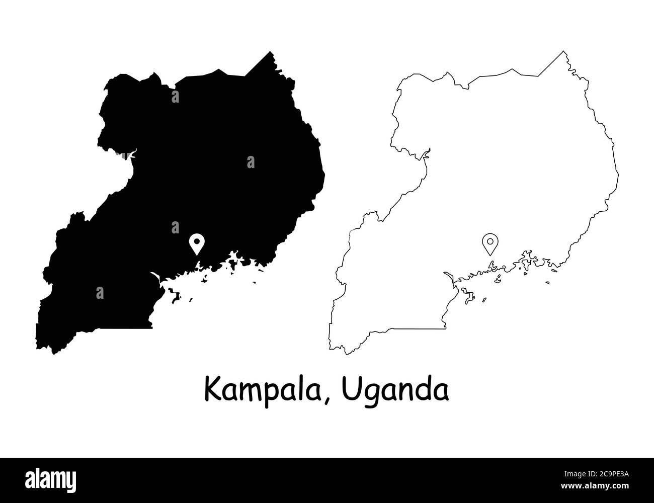 Kampala, Ouganda. Carte détaillée du pays avec broche d'emplacement sur Capital City. Cartes silhouettes et vectorielles noires isolées sur fond blanc. Vecteur EPS Illustration de Vecteur