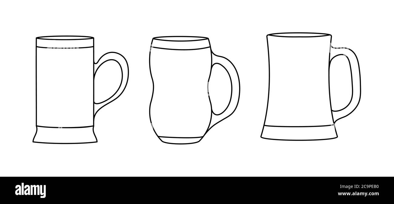 ensemble de tasses à bière. Contour vide, style simple, isolé sur fond blanc Illustration de Vecteur