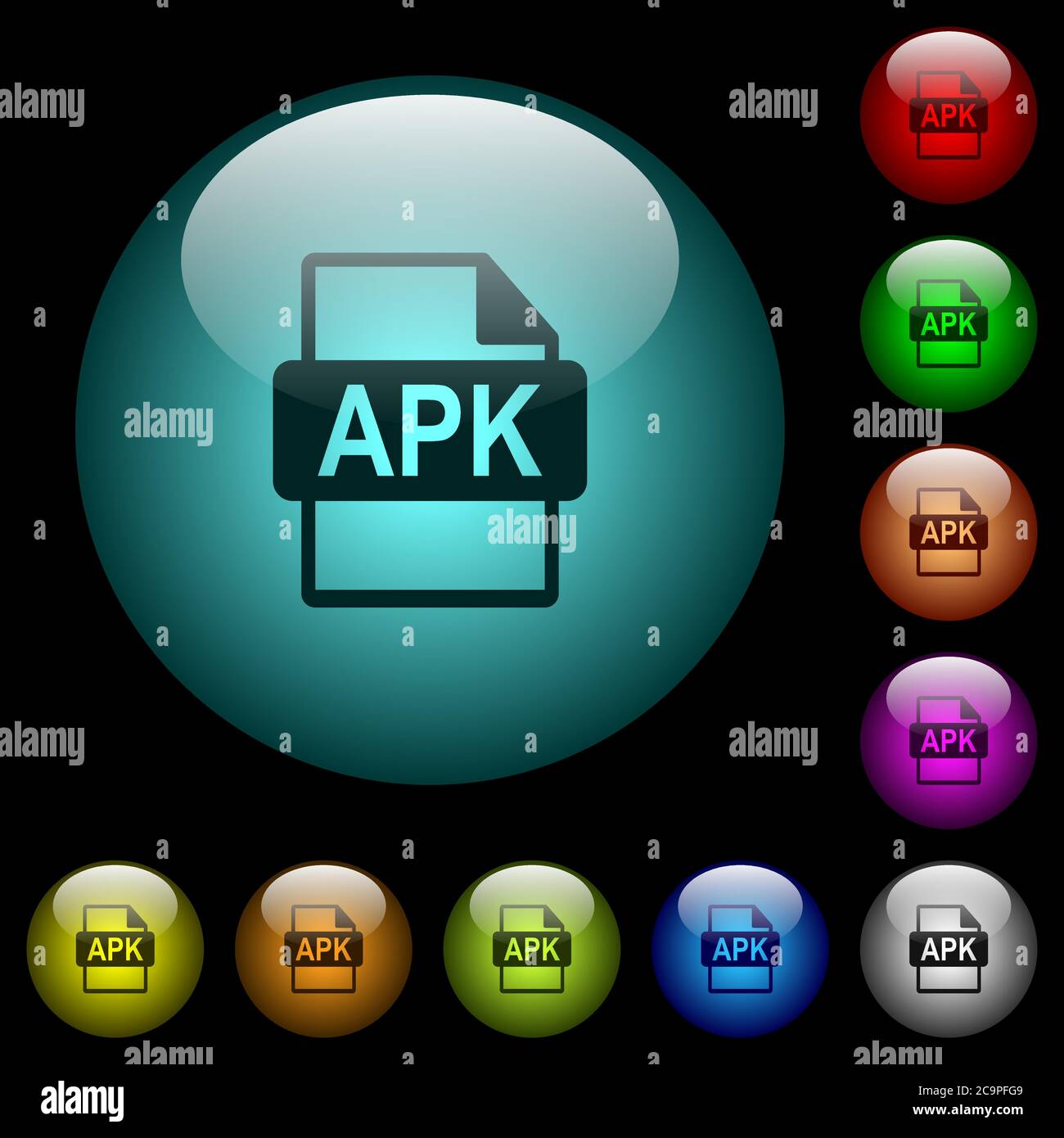 Icônes de format de fichier APK en couleur boutons sphériques lumineux en verre sur fond noir. Peut être utilisé pour les modèles noirs ou sombres Illustration de Vecteur