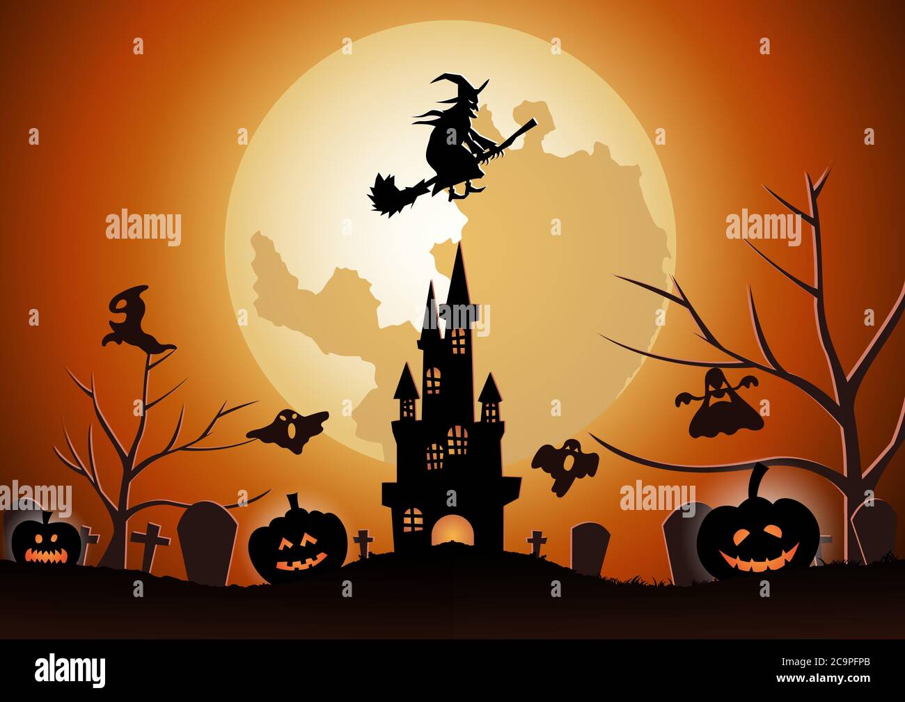 Arrière-plan Halloween avec la mouche sorcière avec un balai magique la nuit Halloween, illustration vectorielle Illustration de Vecteur